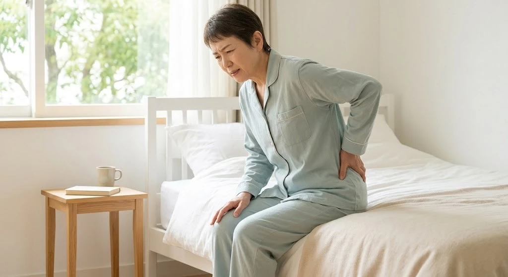 寝起きに腰が伸びないときの見立て 朝に起き上がると腰が伸びにくい状態を表した横須賀市の腰痛記事用ヒーロー画像