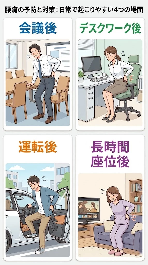 長時間座った後に腰が痛くなりやすい場面をまとめた説明画像