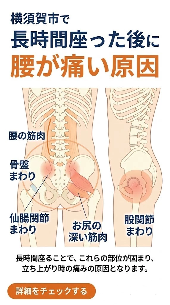 長時間座った後の腰痛で負担が集まりやすい腰と骨盤まわりの組織を示した説明画像