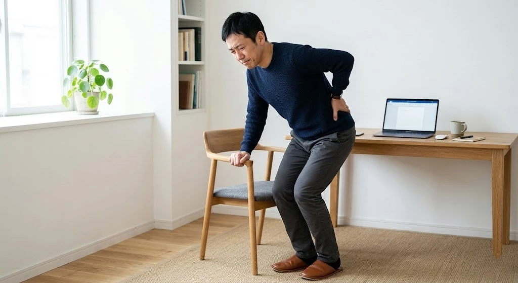 長時間座った後に立ち上がる時に腰の痛みを感じる様子を表した横須賀市の腰痛記事用ヒーロー画像