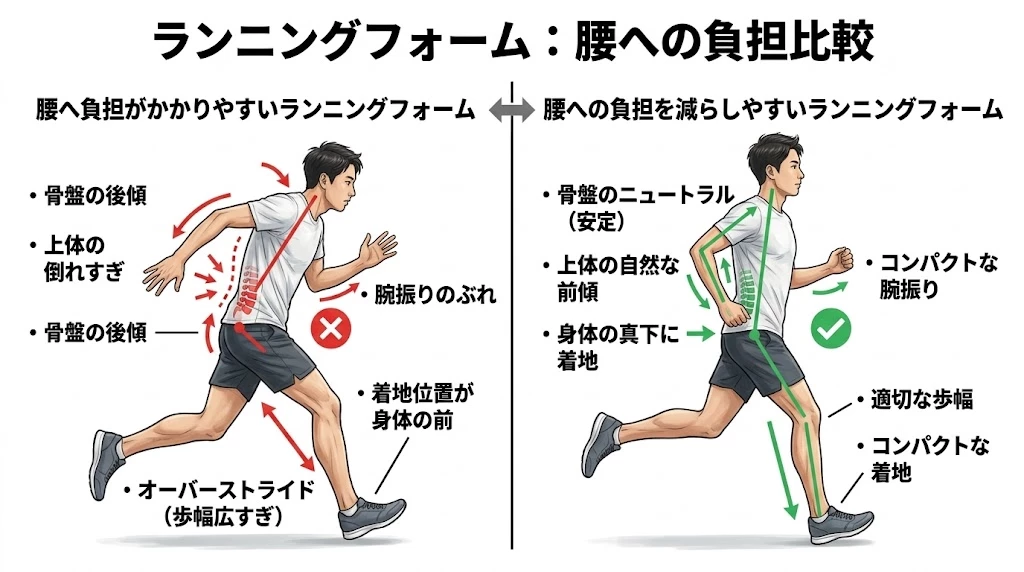 ランニングフォームと腰への負担の比較 骨盤の後傾や上体の傾きが強い走り方と自然な姿勢の走り方を比較した図
