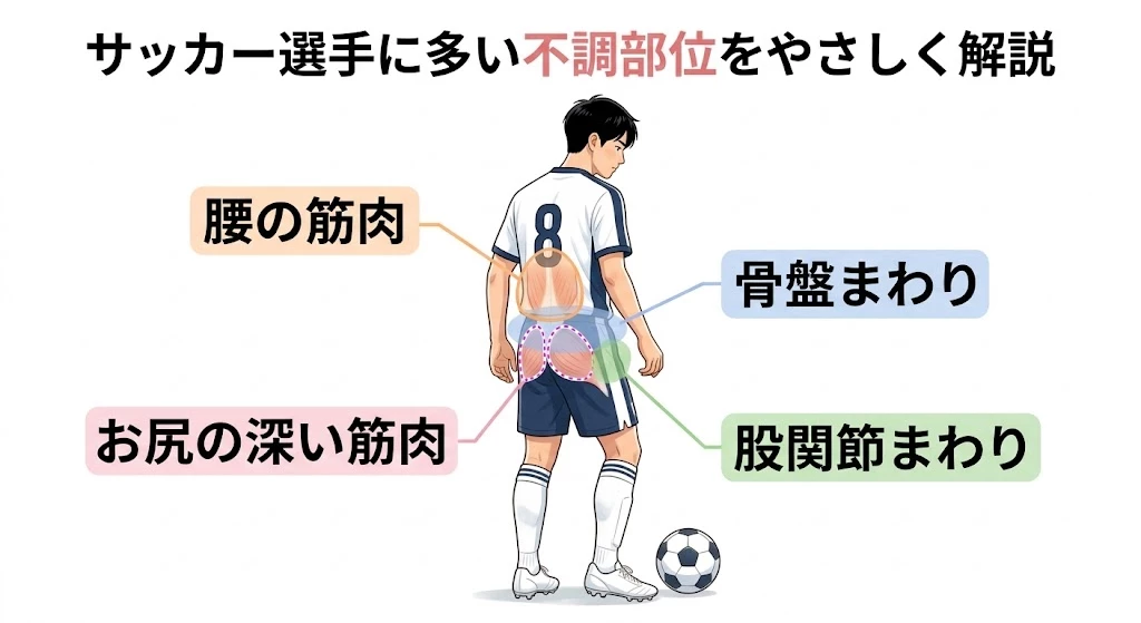 サッカー中の腰痛で確認する部位 サッカー選手の腰、骨盤、お尻の深い筋肉、股関節まわりを示す図