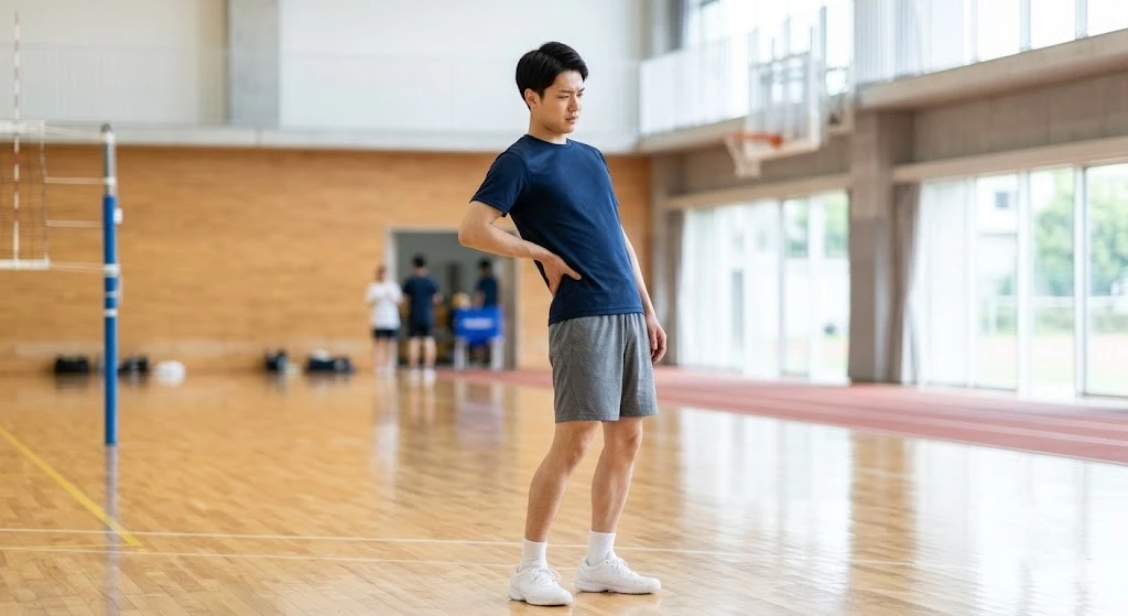 スポーツ中に体を反らすと腰の痛みを感じる様子を表した横須賀市の腰痛記事用ヒーロー画像