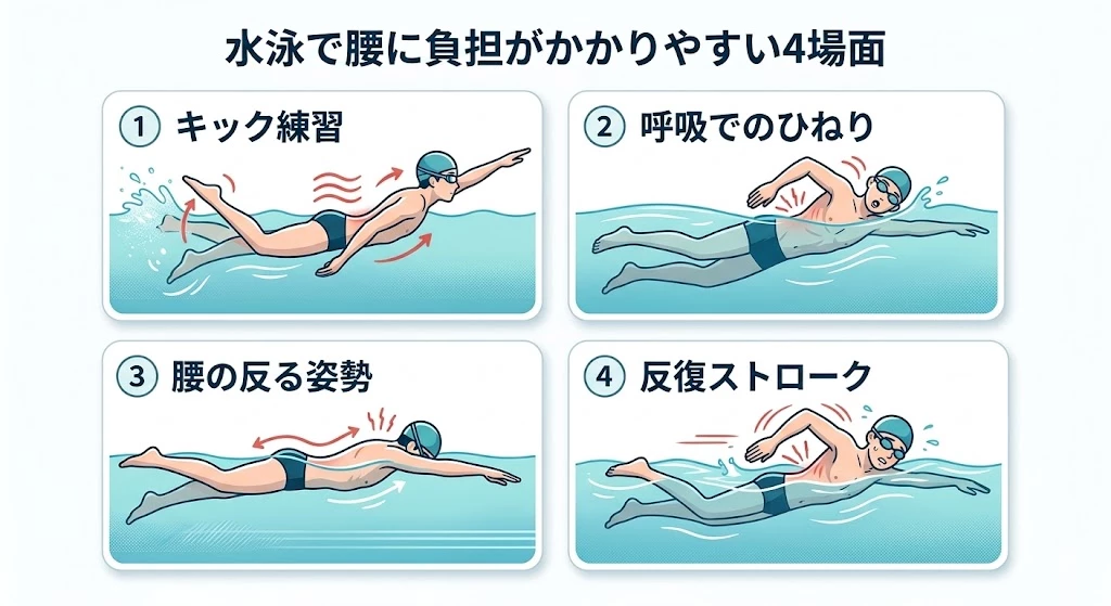 水泳で腰に負担が出やすい4場面 キック練習と呼吸のひねりと腰の反りと反復ストロークで腰に負担が出やすい4場面
