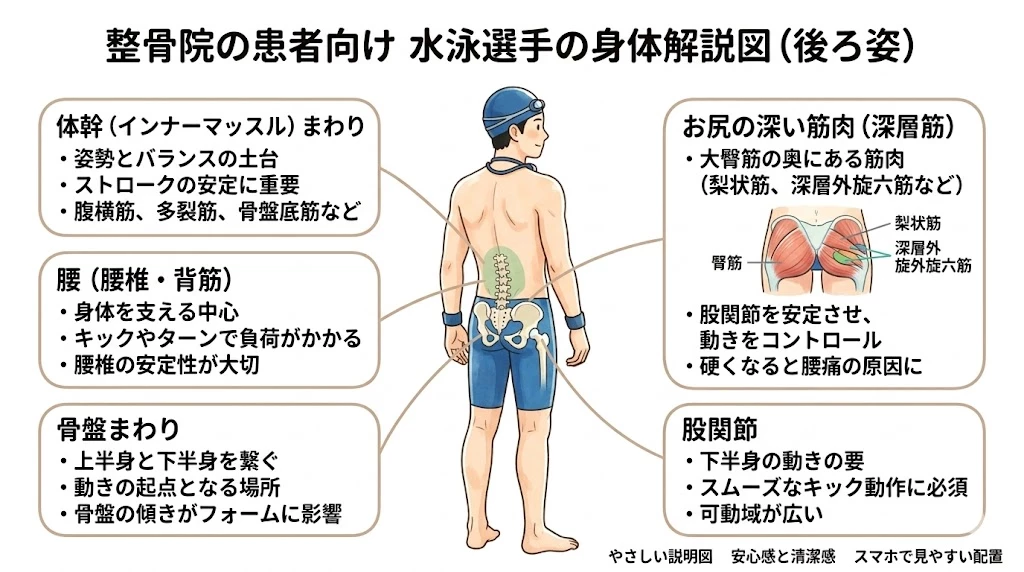 水泳後の腰痛で確認する身体のつながり 水泳後の腰痛で確認する体幹と腰と骨盤とお尻の深い筋肉と股関節の図
