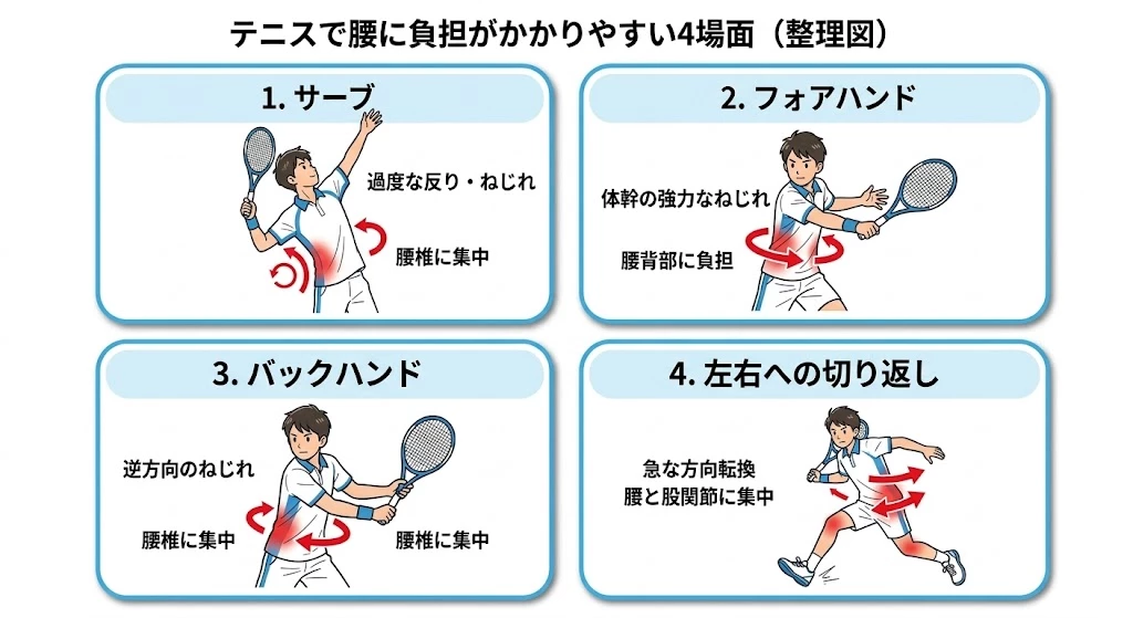 テニス中に腰痛が出やすい4つの競技動作 テニスのサーブ、フォアハンド、バックハンド、左右の切り返しで腰に負担が集まる可能性を示す図