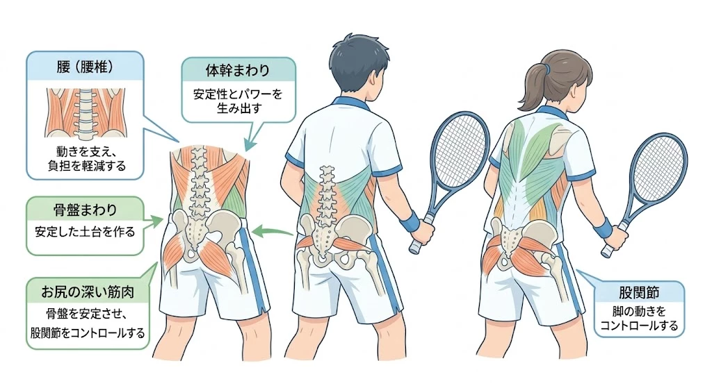 テニス中の腰痛で鍼灸整骨院ひまわりが確認する部位 テニスの腰痛で確認する腰、骨盤、お尻の深い筋肉、股関節、体幹の図