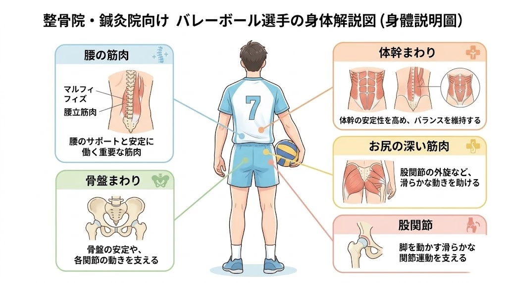 バレーボール選手の腰、骨盤、お尻、股関節、体幹の関係を示す身体構造図