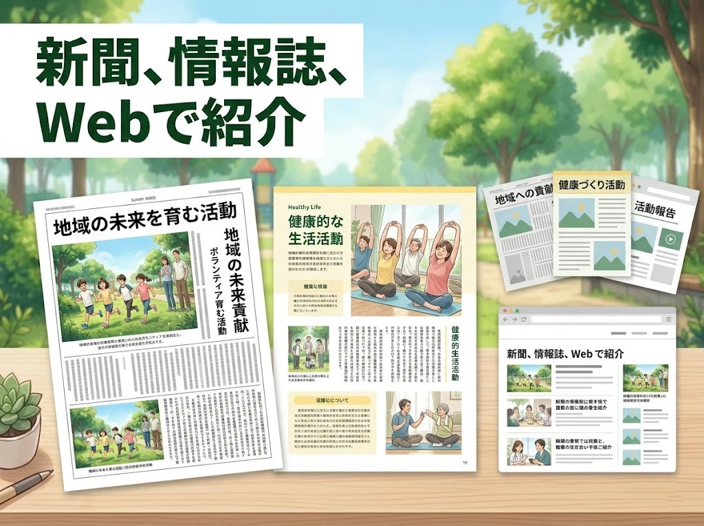 新聞やWeb掲載を表現した鍼灸整骨院ひまわりのメディア掲載イメージ画像