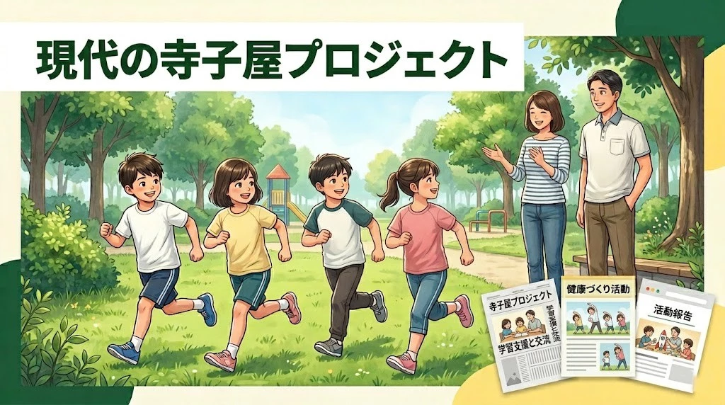 現代の寺子屋プロジェクトで子どもと大人がつながる様子を表した画像