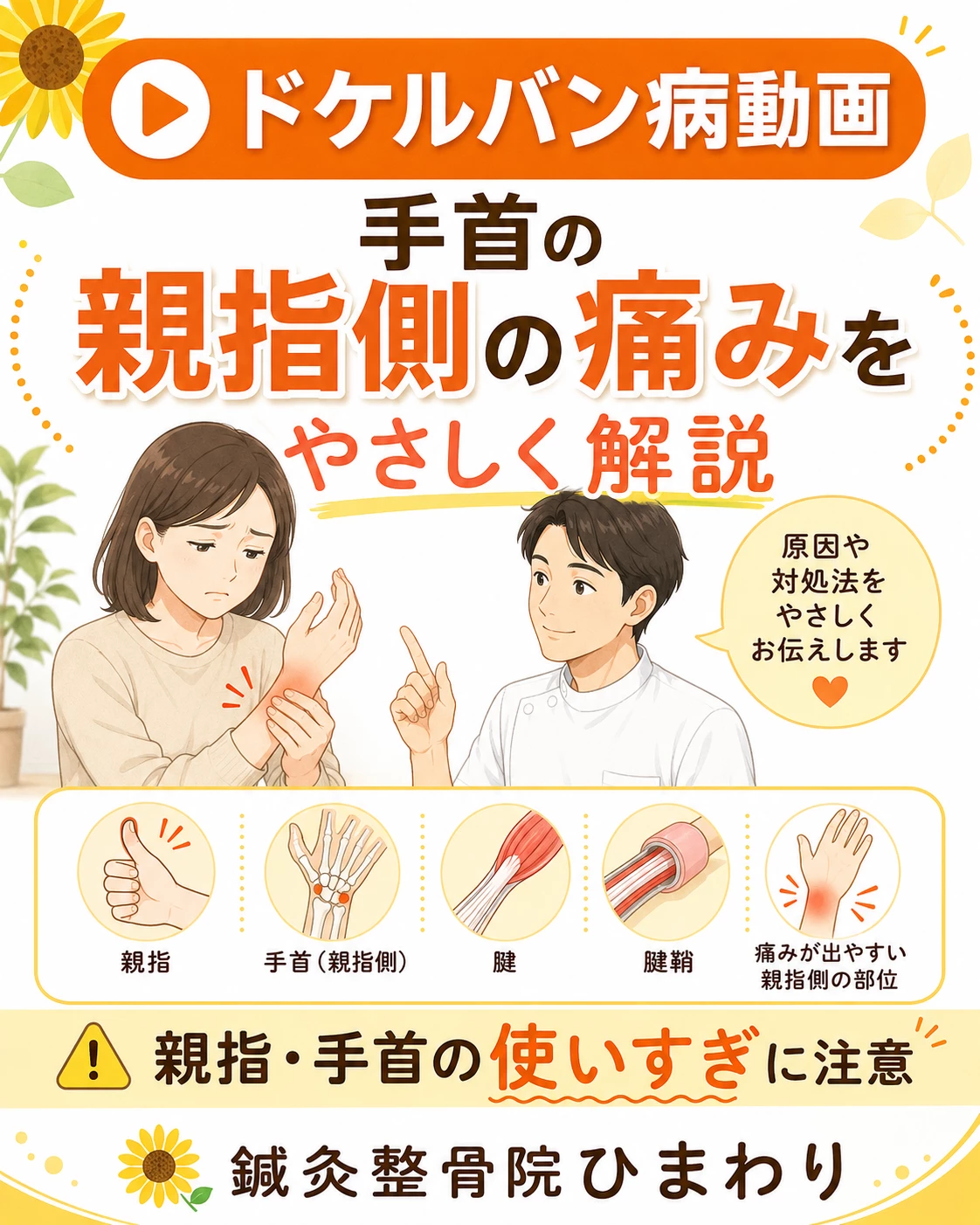 横須賀市で手首の親指側が痛い方へドケルバン病動画 横須賀市で手首の親指側の痛みやドケルバン病が気になる方へ腱鞘炎を案内する鍼灸整骨院ひまわりのヒーロー画像