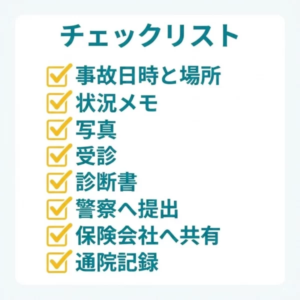 横須賀市の駐車場事故で人身切替に必要な準備をまとめたチェックリスト 鍼灸整骨院ひまわり北久里浜院 衣笠院
