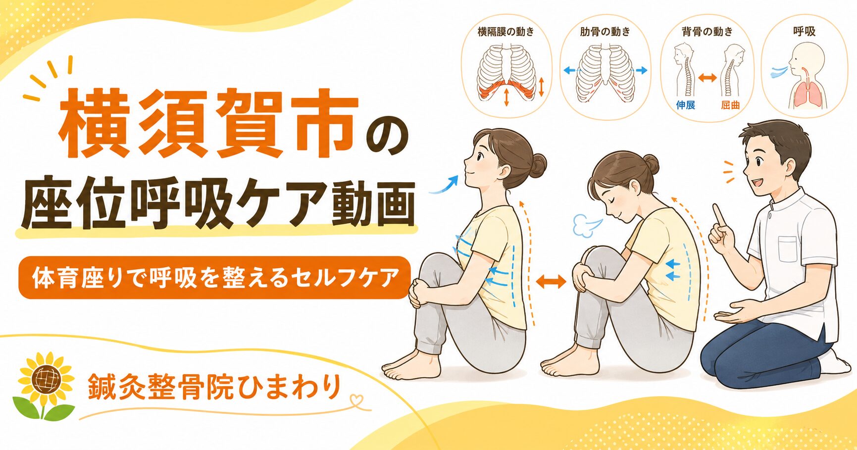 横須賀市で呼吸と背中の硬さが気になる方へ体育座りで行う呼吸ケア動画を紹介する鍼灸整骨院ひまわりのアイキャッチ画像