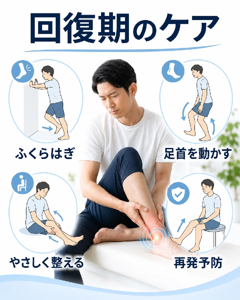 横須賀市でアキレス腱の回復期ケアとしてふくらはぎを伸ばす、足首を動かす、やさしく整える、負担が戻りにくい状態を目指す画像