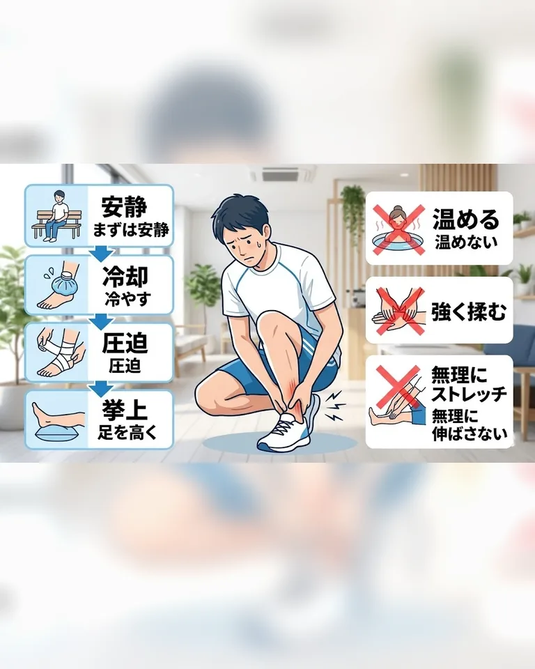 横須賀市でアキレス腱の痛みが出た時の安静、冷却、圧迫、挙上と避けたい行動を示す画像