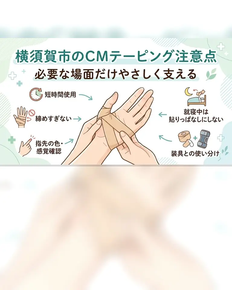 横須賀市でCM関節炎のテーピング注意点として短時間使用、締めすぎない、就寝中は貼りっぱなしにしないことを示す画像