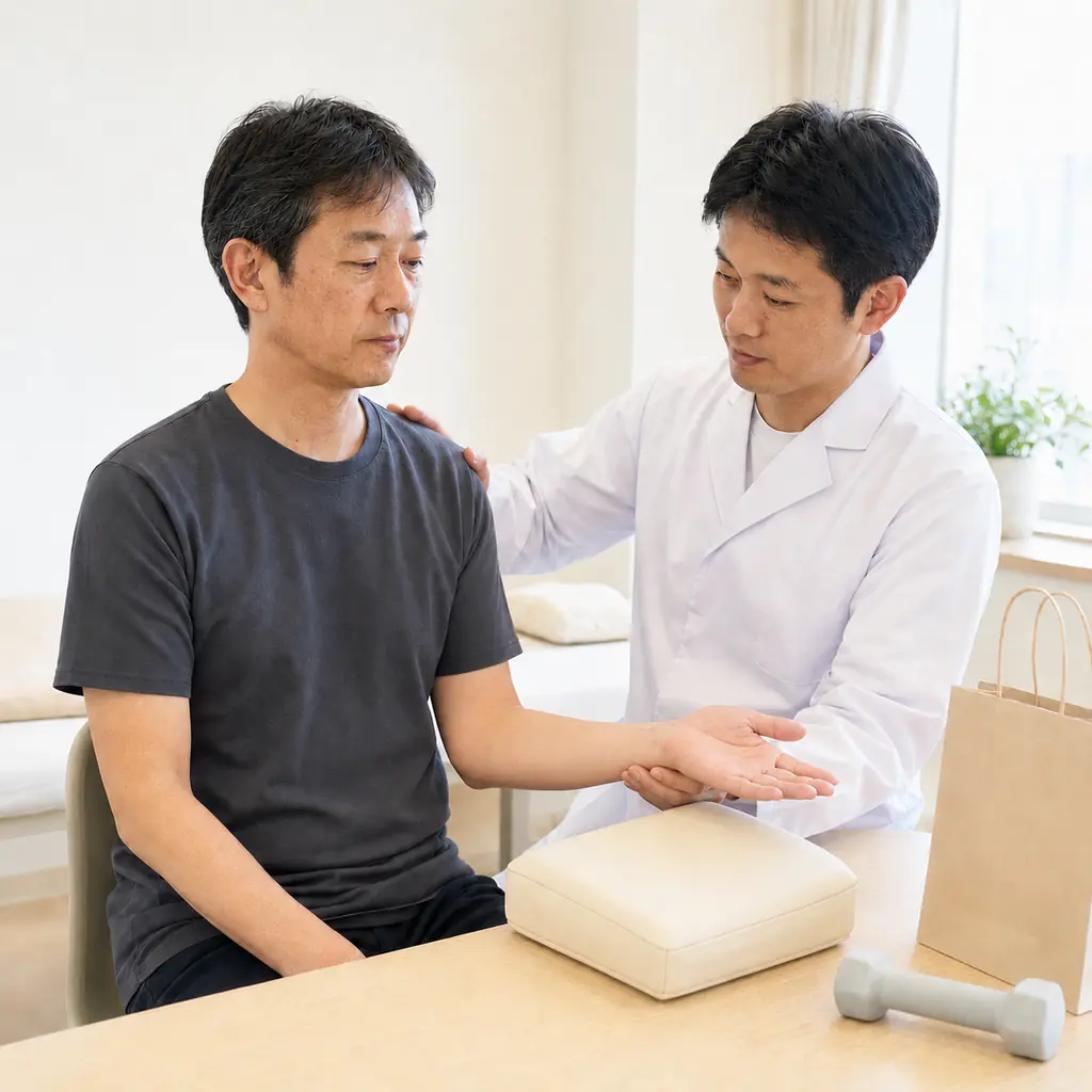 上腕二頭筋腱損傷の相談で肩と肘の動きを確認 肩や肘の前が痛い相談で前腕を回す動きを確認する日本人施術者と患者
