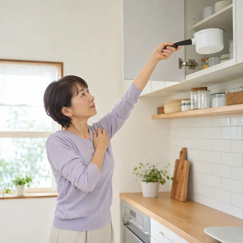 肩の前側へ負担が集まりやすい頭上動作 肩や肘の前が痛い状態で棚から鍋を取る動作を止めた日本人女性