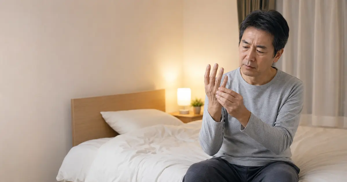 夜中に親指、人差し指、中指がしびれるため右手を確認する日本人男性