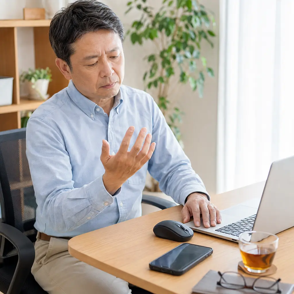 手首を反らしやすいデスクワーク姿勢 親指、人差し指、中指のしびれに気づき右手を確認するデスクワーク中の日本人男性