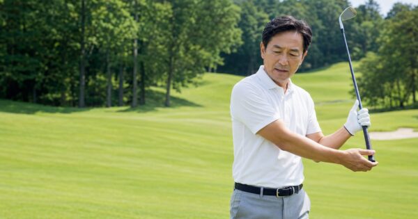 ゴルフのスイング後に肘の内側へ手を添える日本人男性