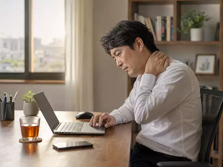 首・肩の痛みが繰り返す理由につながる長時間のデスクワーク場面