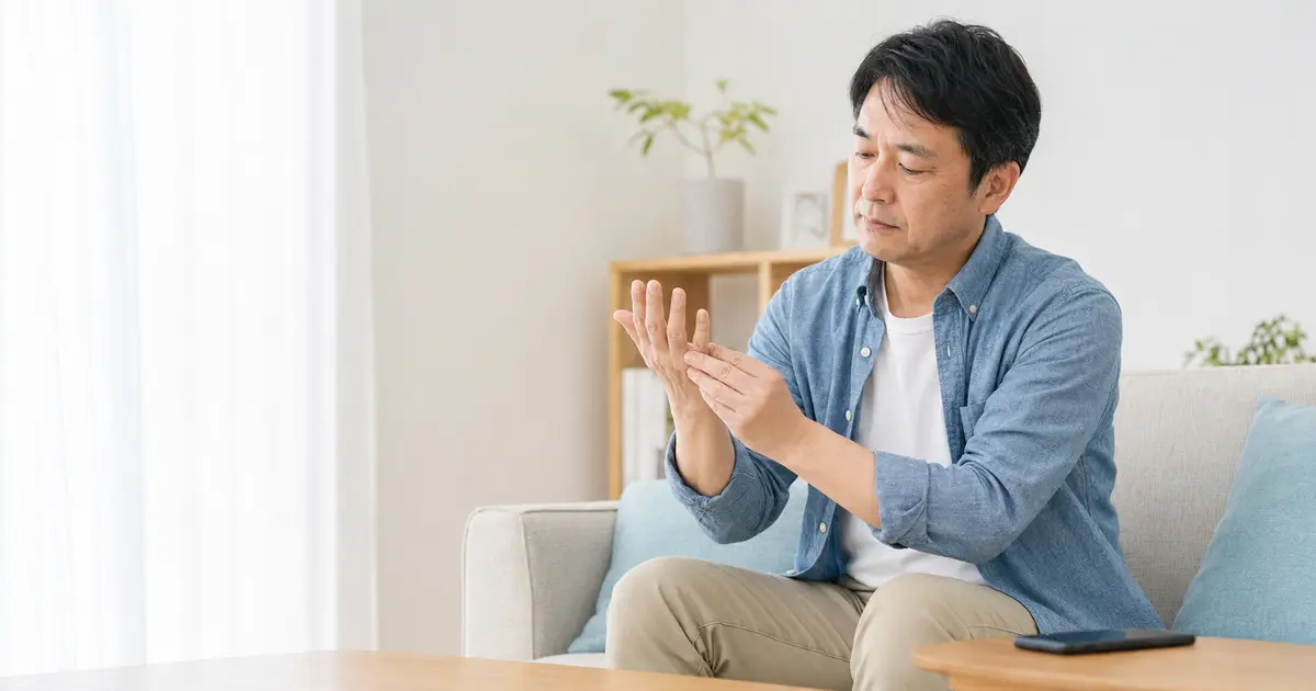 小指と薬指がしびれるためスマートフォン使用後に右手を確認する日本人男性