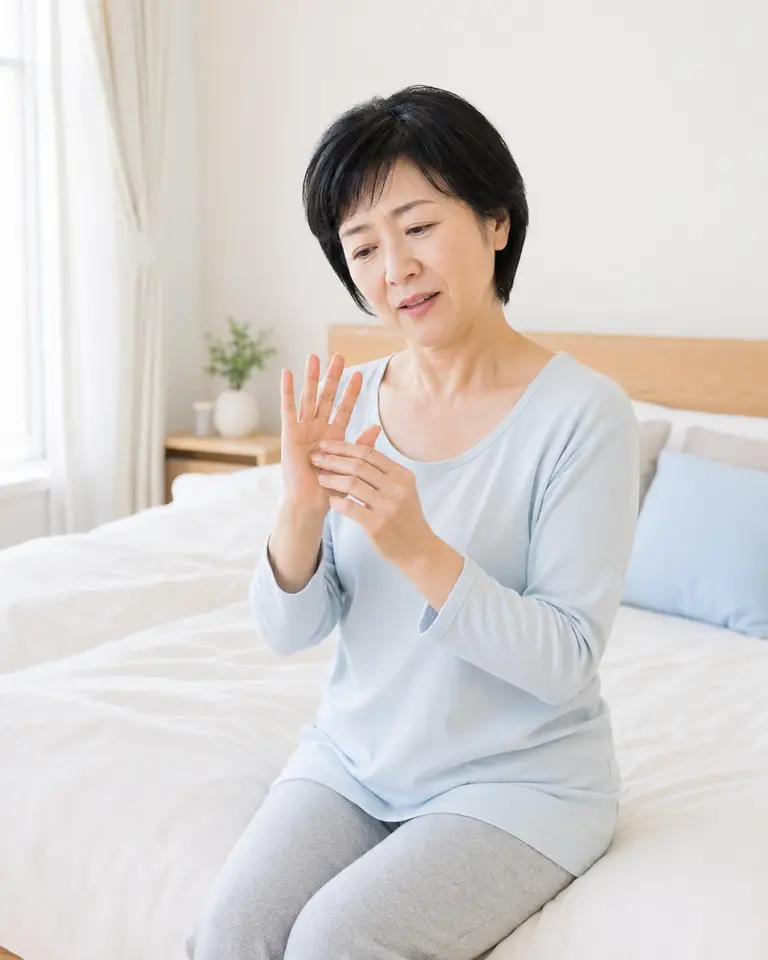 夜間から朝に残る親指側のしびれ 夜中に手がしびれる状態が朝も残り右手の親指側を確認する日本人女性