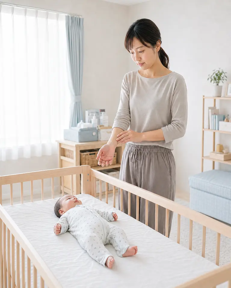 抱っこで手首が痛い育児中の手首確認 抱っこで手首が痛い育児中の日本人女性が右前腕から手首周辺を確認する様子