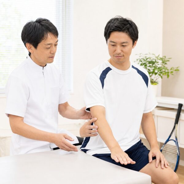 肘の外側が痛い相談で前腕と手首の動きを確認する日本人施術者と患者