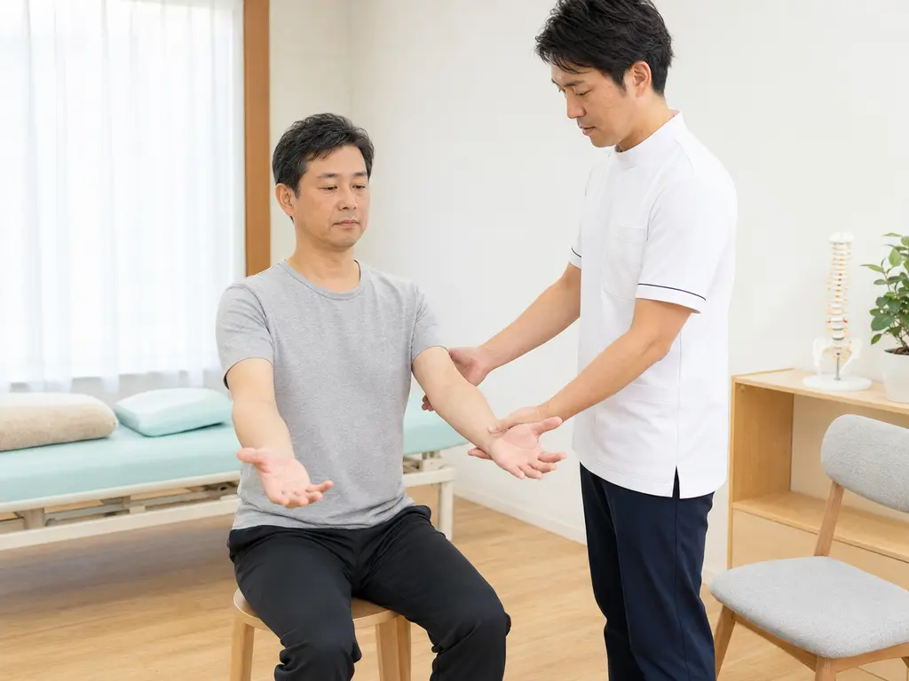 頸椎椎間板ヘルニアによる肩と腕の位置や手指の動きを施術者が無理のない範囲で確認している様子