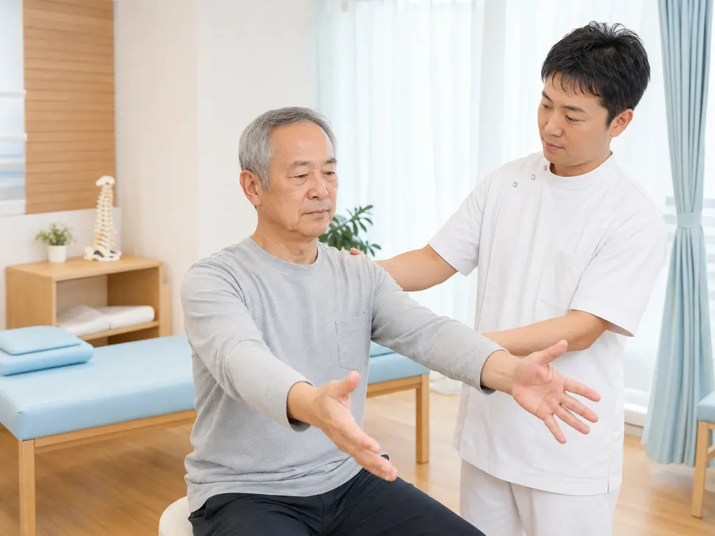 変形性頸椎症による首と肩甲骨の動きや腕と手の状態を施術者が確認している様子