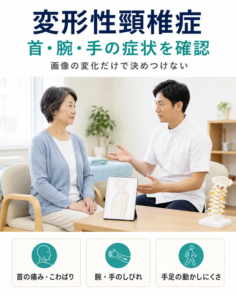 横須賀市で変形性頸椎症による首の痛みや腕のしびれを施術者へ相談している様子