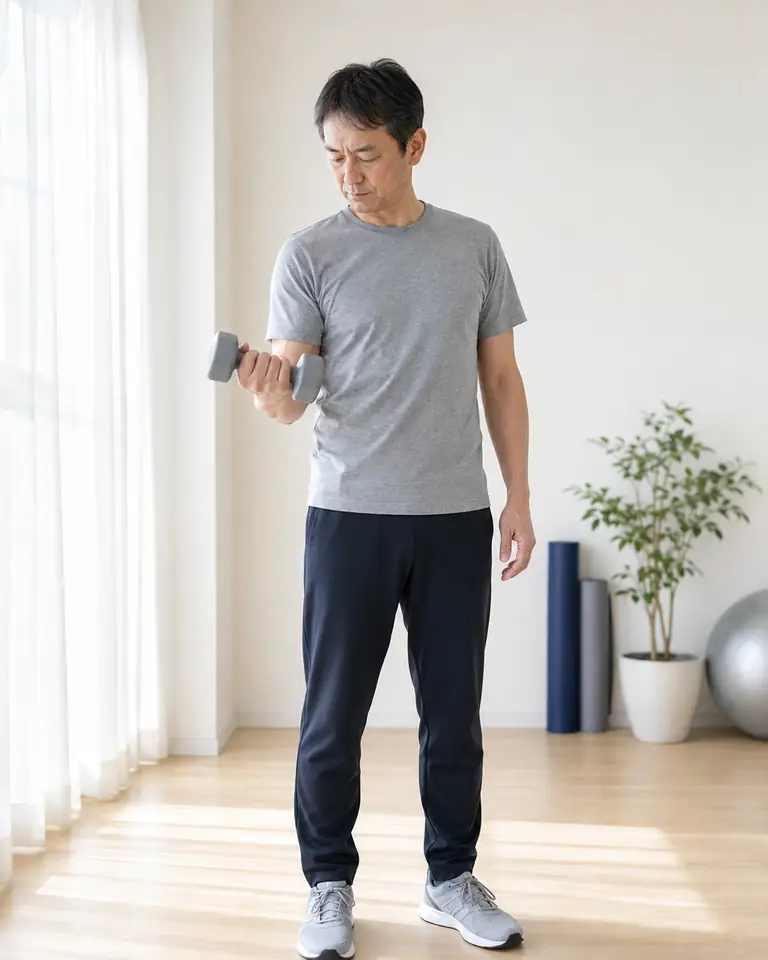 上腕二頭筋腱損傷が気になるダンベル動作 肩や肘の前が痛い状態でダンベルを持つ動作を止めた日本人男性