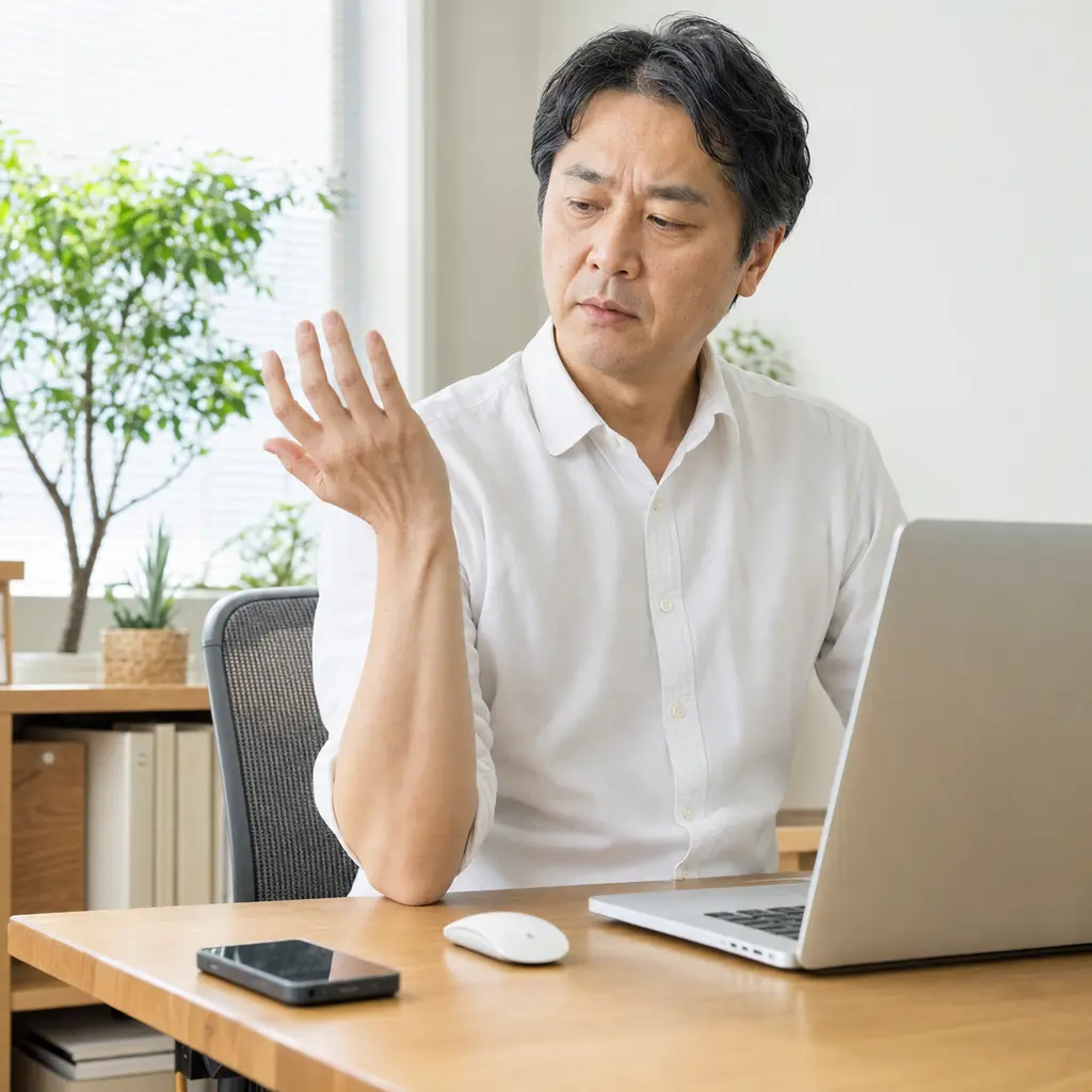 小指と薬指がしびれるため肘を机から離して手を確認する日本人男性