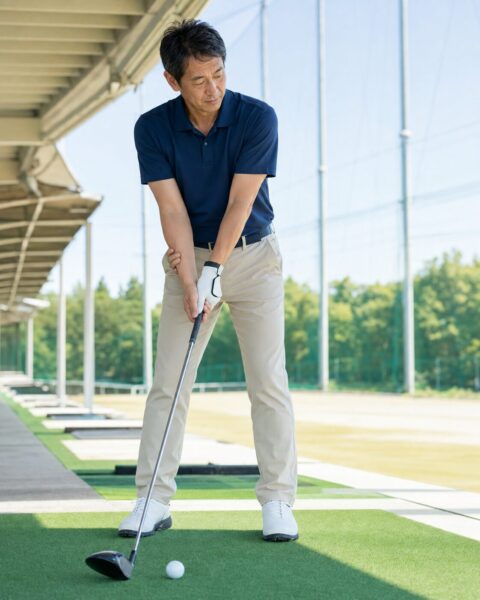 ゴルフ後の肘の内側痛とスイング時の確認 ゴルフ後の肘の内側痛を気にしながら構えを確認する日本人男性