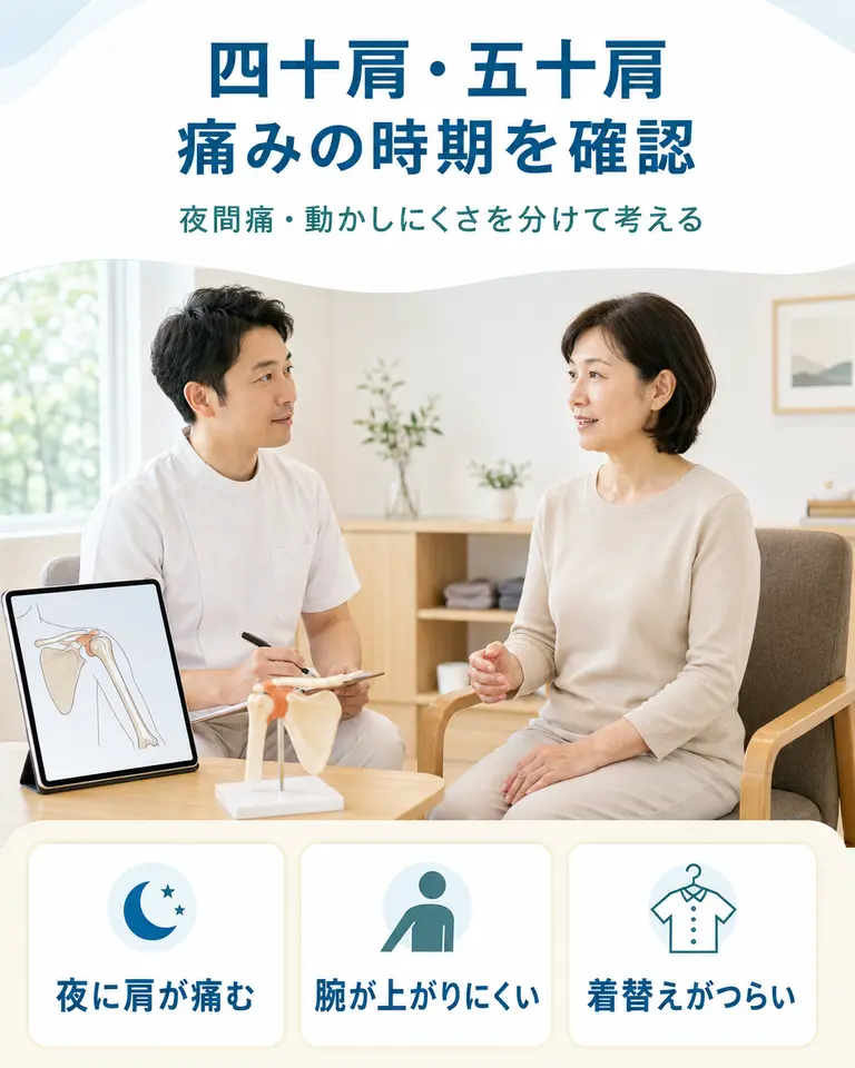 四十肩・五十肩の痛みの時期を確認 横須賀市で四十肩・五十肩による夜間痛や腕の上げにくさを施術者へ相談している様子
