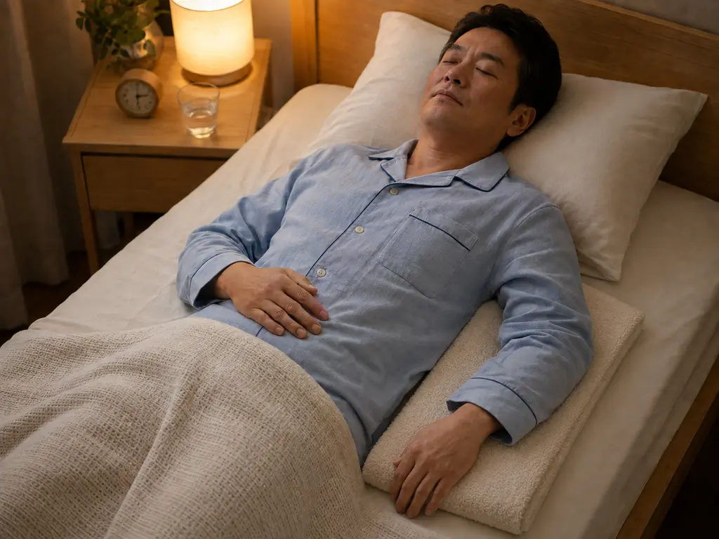 肩の夜間痛が気になるときの寝姿勢 四十肩・五十肩の夜間痛が気になる肩と腕をタオルやクッションで支えて仰向けに休む日本人