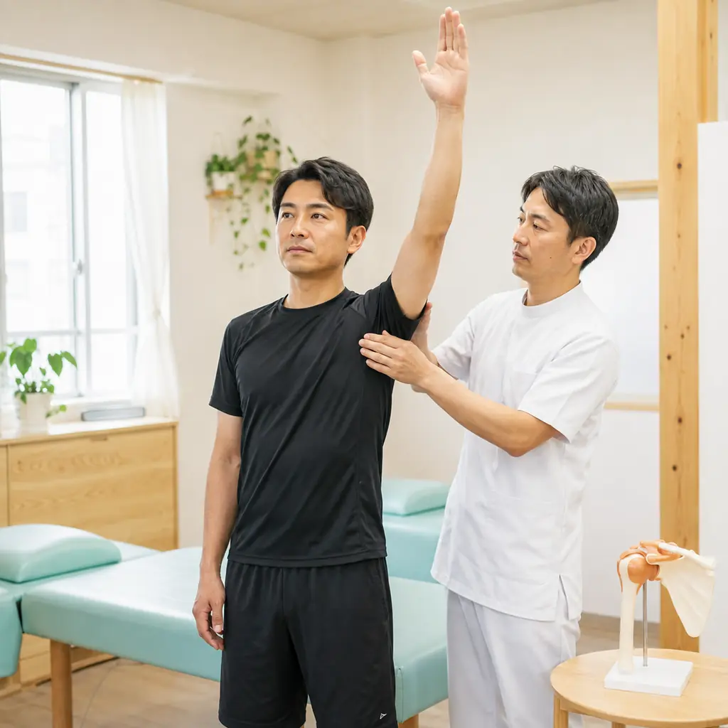 鍼灸整骨院ひまわりで行う肩の動作確認 肩を上げる男性の肩と肩甲骨の動きを施術者が確認している様子