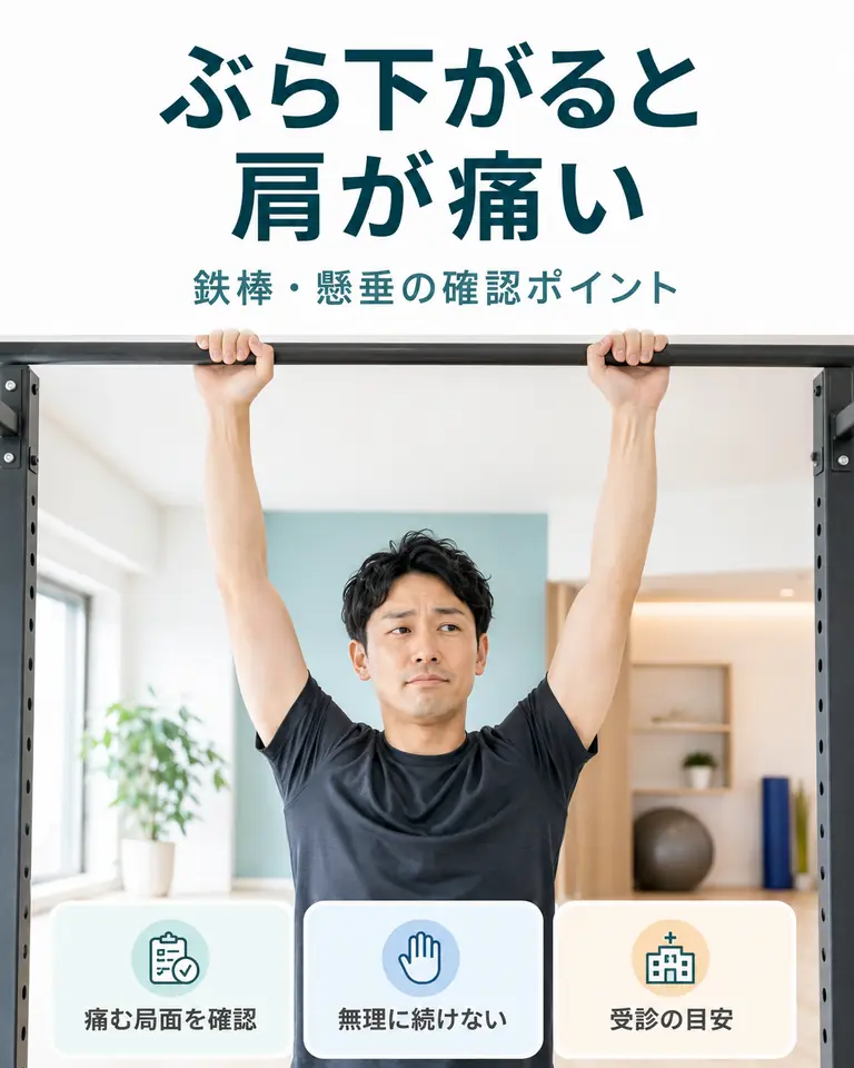 鉄棒や懸垂でぶら下がると肩が痛い時の確認ポイント 鉄棒にぶら下がると肩が痛い時の確認ポイントを示したスマートフォン用画像