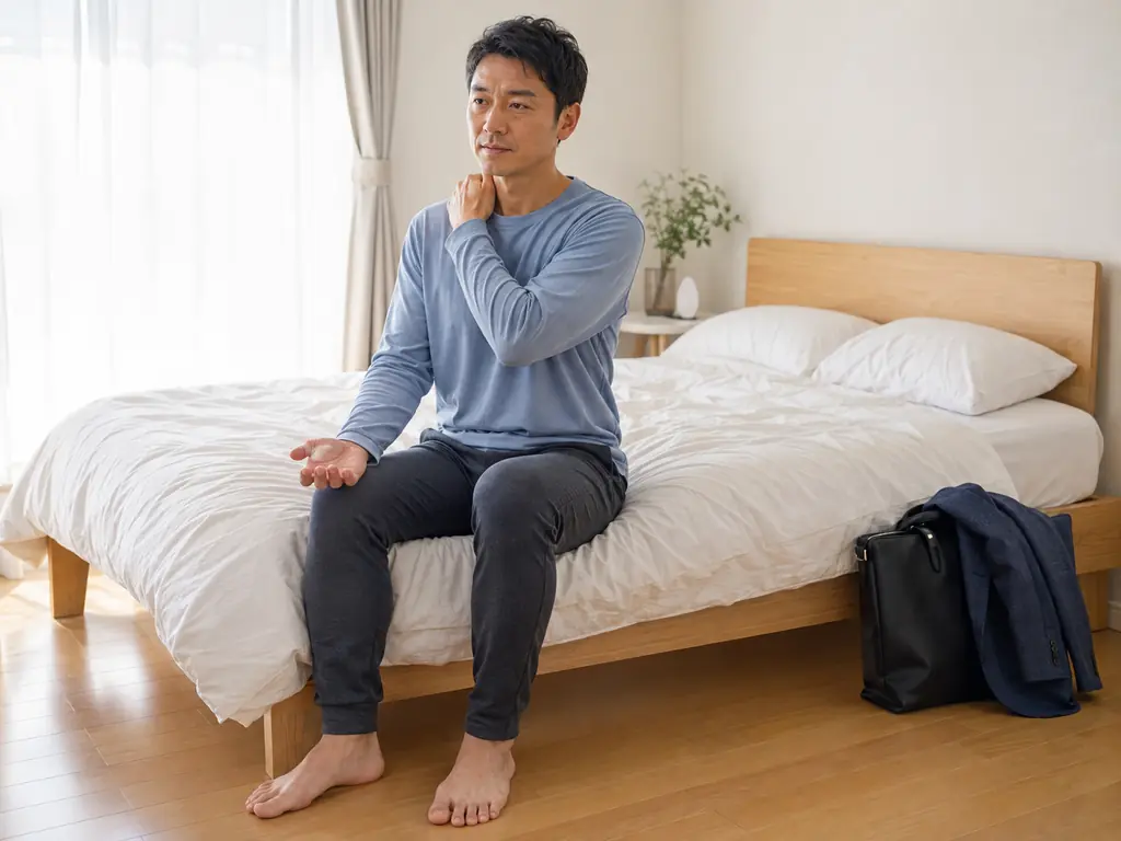 寝違えた朝の起床直後の状態確認 寝違えた朝に首を無理に回さず起床後の状態を確認する日本人