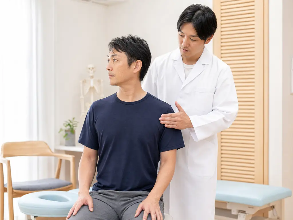 寝違え時の首と肩甲骨の状態確認 寝違えた朝の患者の首と肩甲骨の動きを施術者が確認する様子