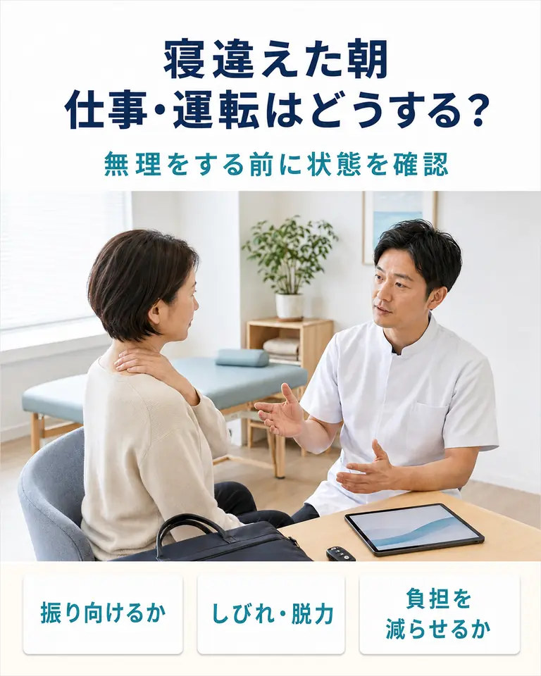 寝違えた朝に仕事や運転をどう判断するか 横須賀市で寝違えた朝の仕事や運転について首の動きと症状を相談する様子