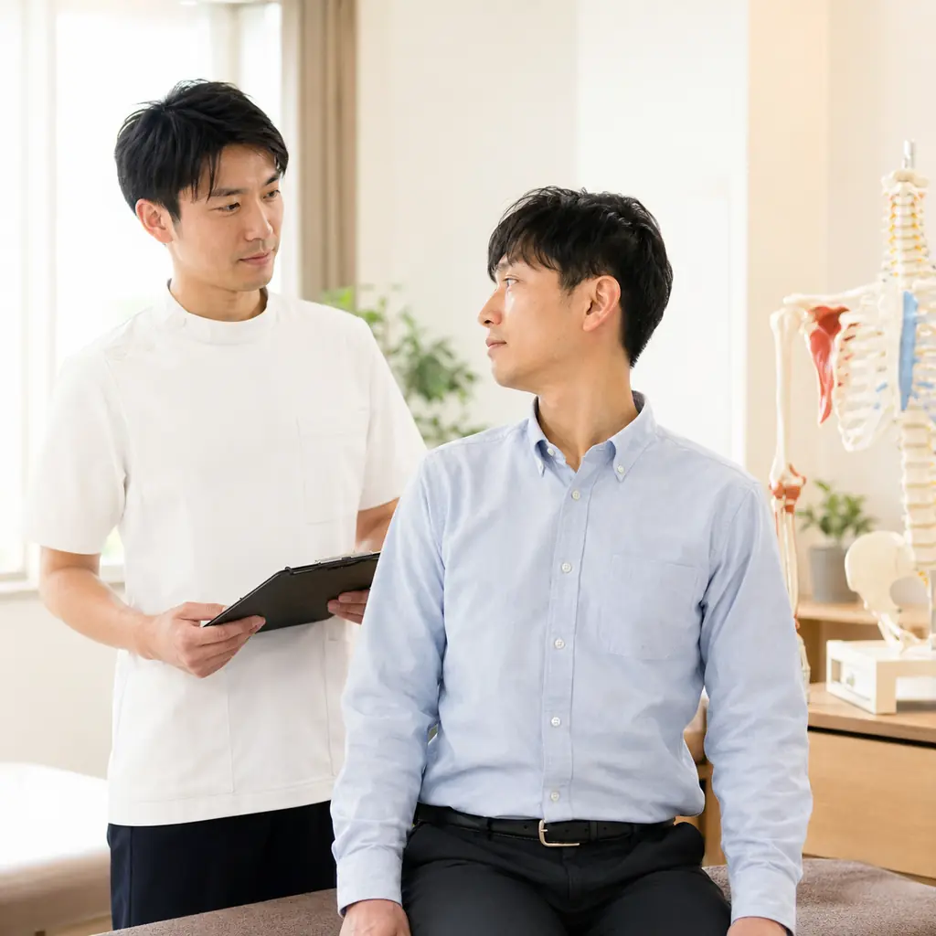 鍼灸整骨院ひまわりで行う寝違えと仕事動作の確認 寝違えで仕事を休む目安を相談し施術者が首の動きを確認する様子