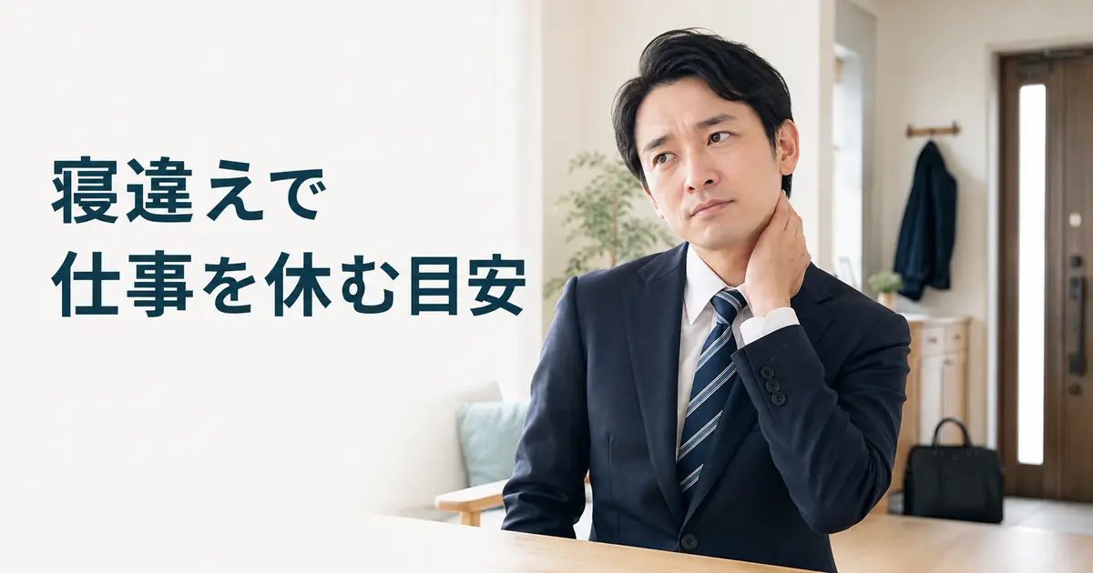 寝違えで仕事を休む目安を考える日本人会社員のアイキャッチ画像