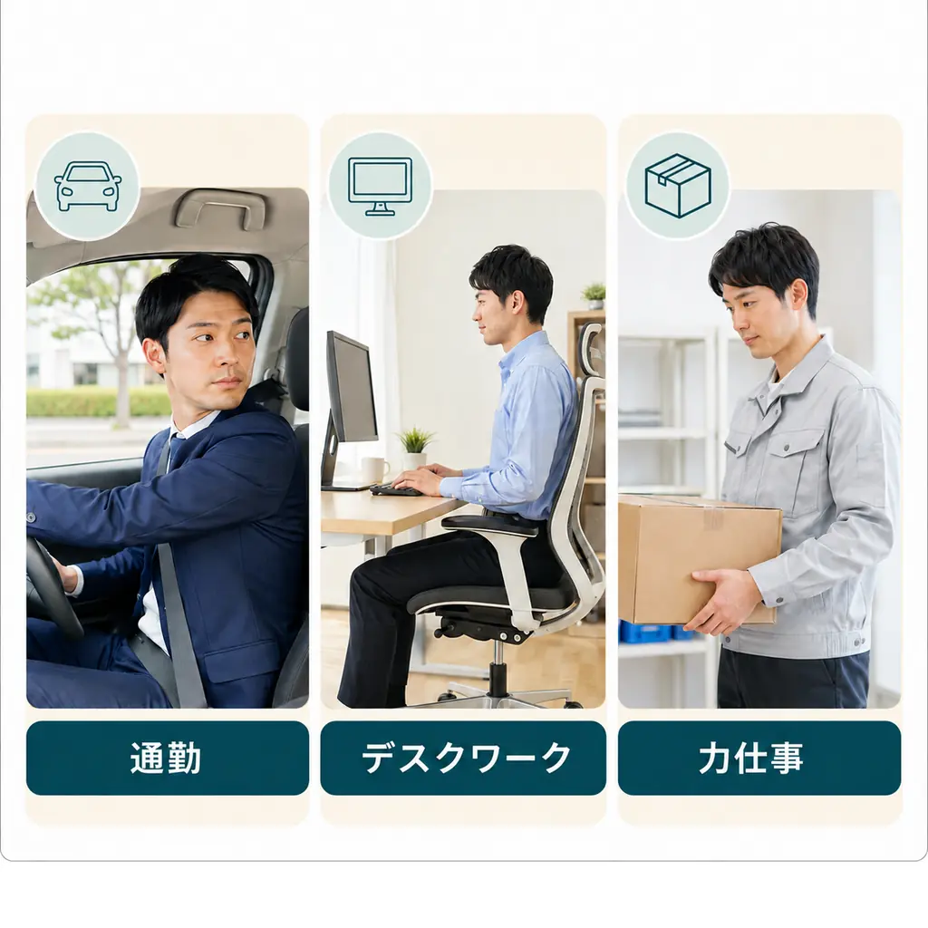 寝違えた時の通勤、デスクワーク、力仕事の確認 寝違えで仕事を休むか判断するために通勤、デスクワーク、力仕事を比較した画像