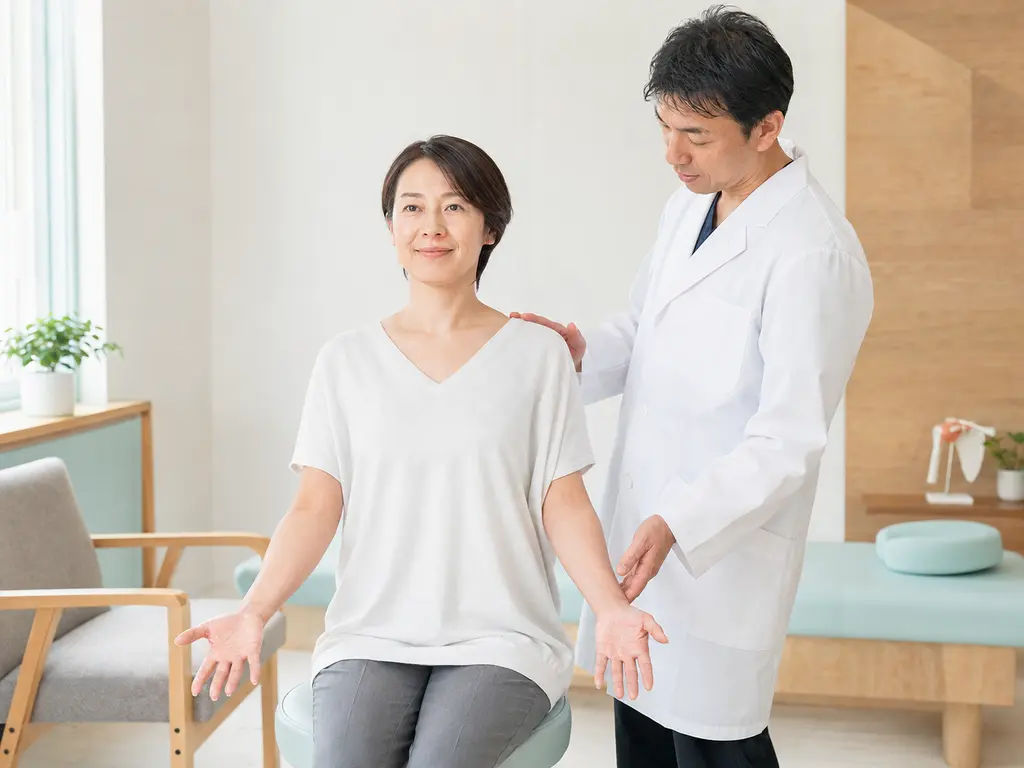 胸郭出口症候群の鎖骨・肩・腕・手指の状態確認 胸郭出口症候群に関連する鎖骨周辺と肩、腕、手指の状態を施術者が無理のない範囲で確認している様子