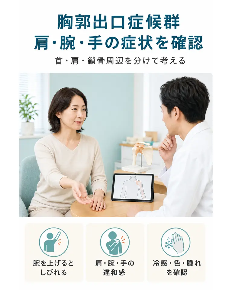 胸郭出口症候群による肩・腕・手の症状と受診目安 横須賀市で胸郭出口症候群による肩から腕や手の症状を施術者へ相談しているスマホ用ヒーロー画像