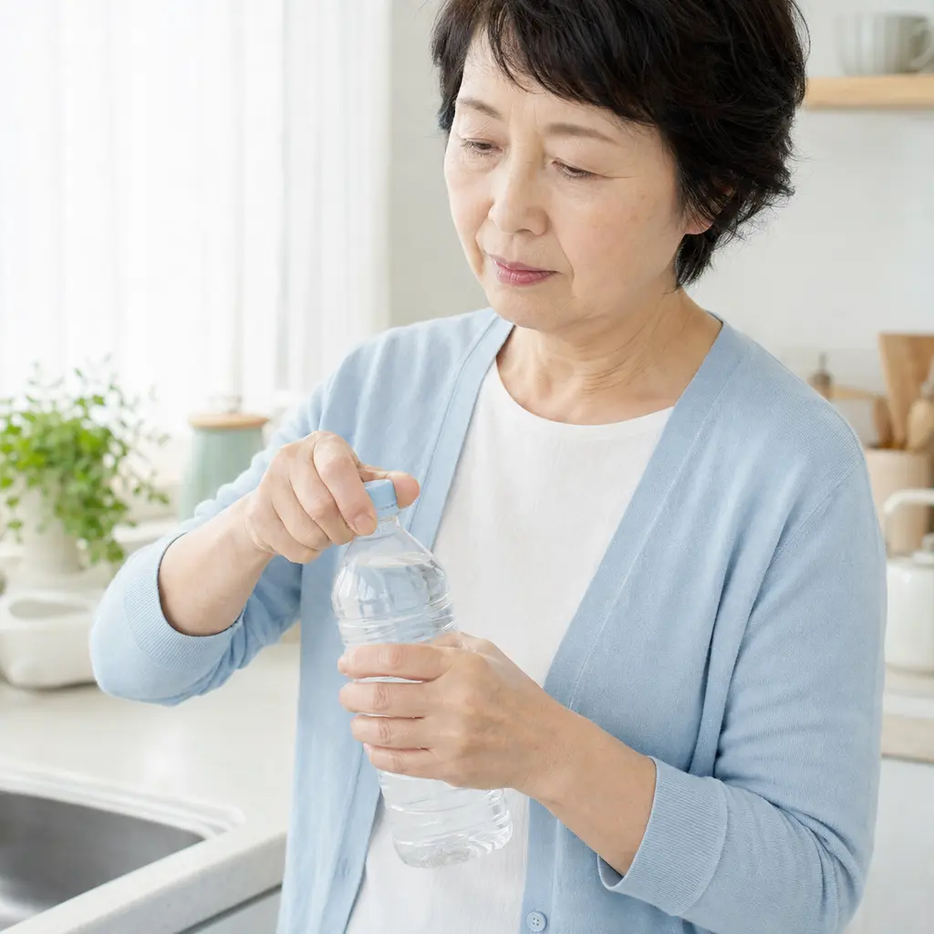 ペットボトルのふたを開けるときの親指のつけ根への負担を確認する日本人女性