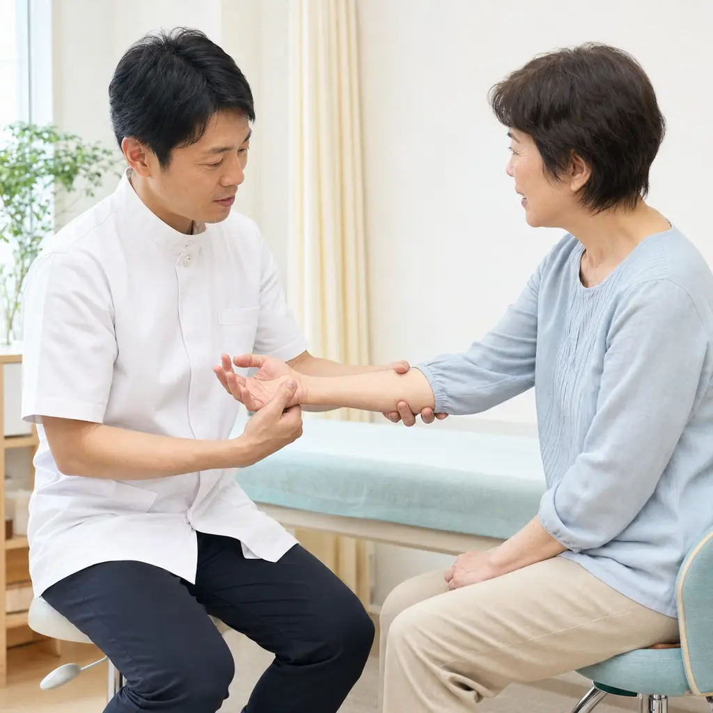 鍼灸整骨院で親指のつけ根と手首、前腕の動きを確認する日本人施術者